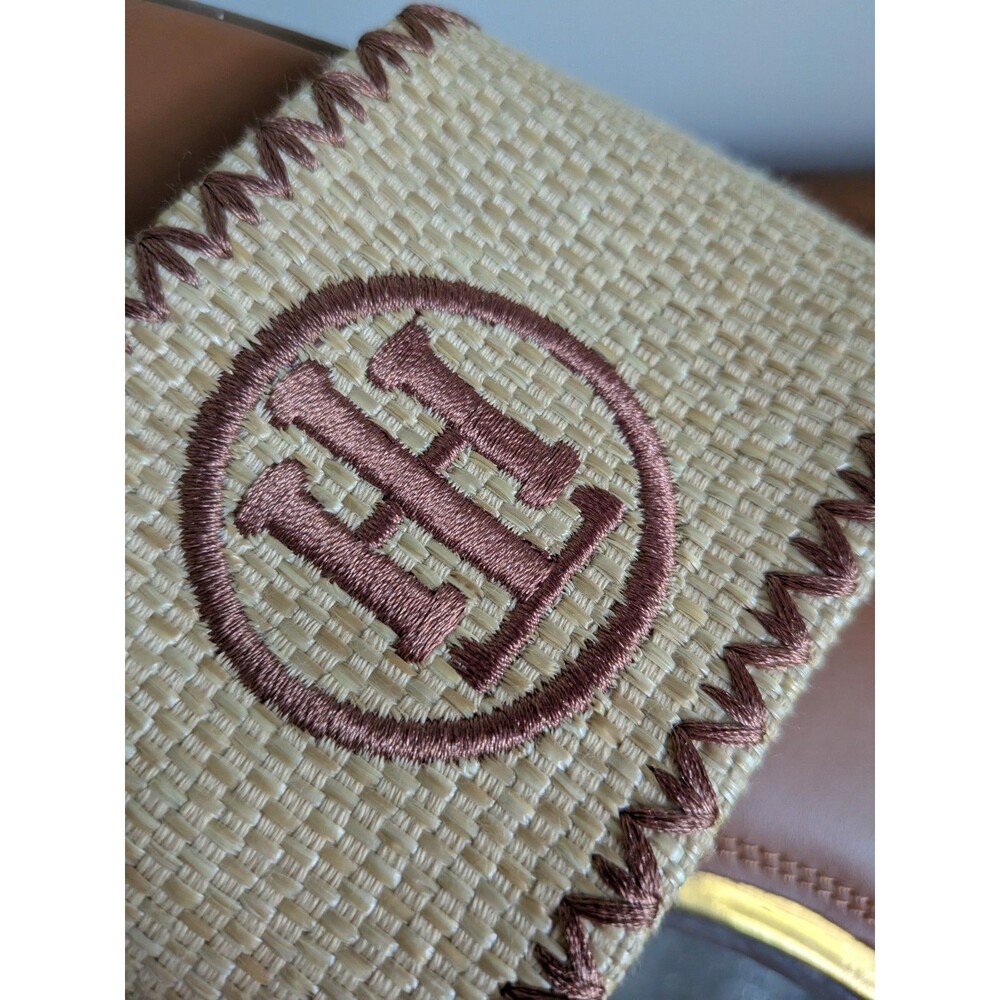 TOMMY HILFIGER Sandals Women 10 Pezley Tan Brown Logo Slides M Burlap Gold Vacay - Picture 4 of 7